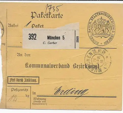 Paketkarte 1916 München, Selbstbucher Staatsministerium Druckerei nach Erding