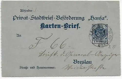 Stadtpost Breslau 1897 Kartenbrief mit Textinhalt und Werbung