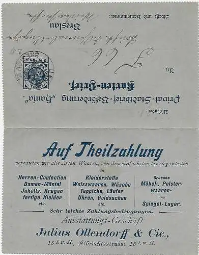 Stadtpost Breslau 1897 Kartenbrief mit Textinhalt und Werbung