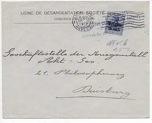 Dt. Besetzung I. WK 1917 Belgien: Anvers nach Duisburg, Zensur Antwerpen 