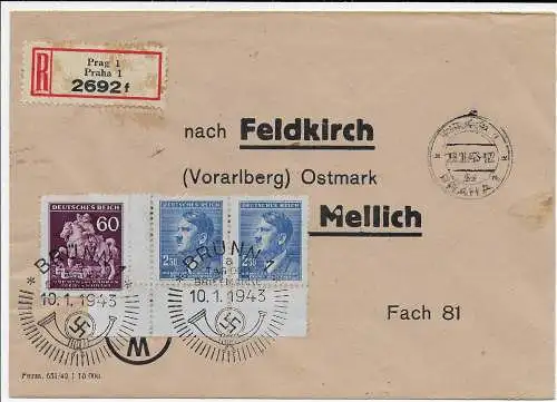 B&M 1943: Einschreiben Prag, Sonderstempel Brünn nach Mellich