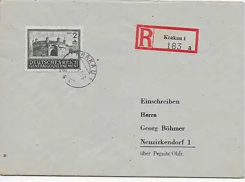 GG: Einschreiben Krakau nach Neuzirkeldorf, 1943, überfrankiert