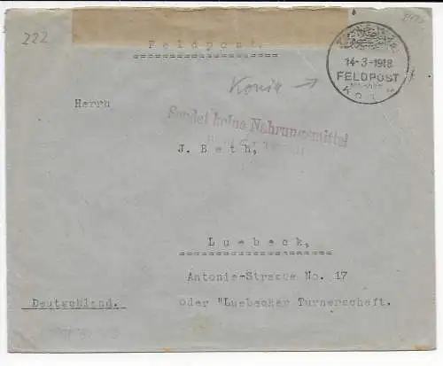 Feldpost 1918: Militärmission Konia nach Lübeck, unter Kriegsrecht geöffnet