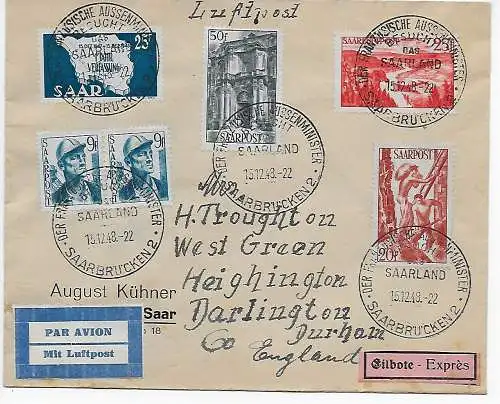 Saar 1948: Luftpost Eilbote, Sonderstempel Saarbrücken nach Darlington, GB