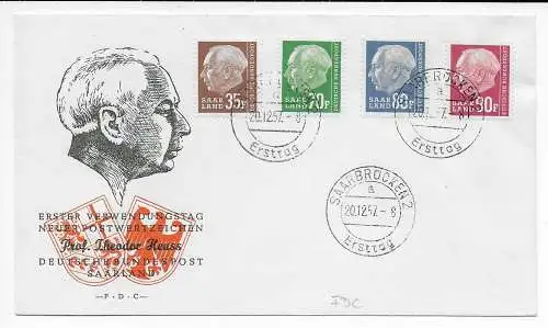 Saar 1957: FDC Prof. Theodor Heuss, Erstverwendung MiNr. 420, 423-25