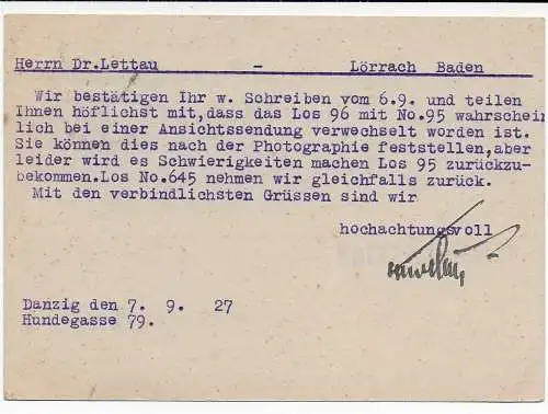 Danzig: Ganzsache 1927: MiNr. P36I nach Lörrach