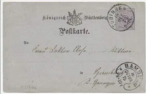 Württemberg: Postkarte von Tübingen 1875 nach Hamburg, Hufeisenstempel