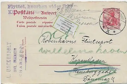 DR: Antwort-Ganzsache 1916 von Dänemark zurück nach Wilhelmshaven