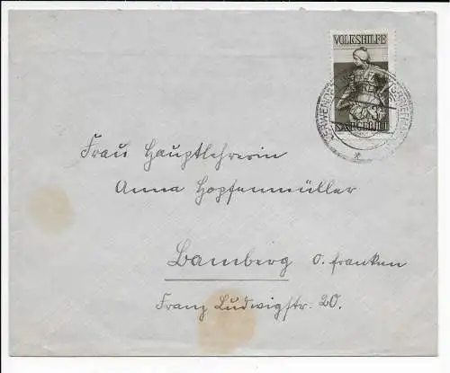 Saargebiet Saarlouis 1934 Werbestempel Verwendet Wohlfahrtsmarken nach Bamberg