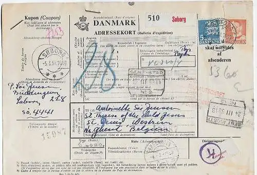 Dänemark 1958: Paketkarte nach Belgien