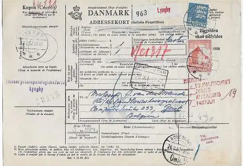 Dänemark 1957: Paketkarte nach Belgien