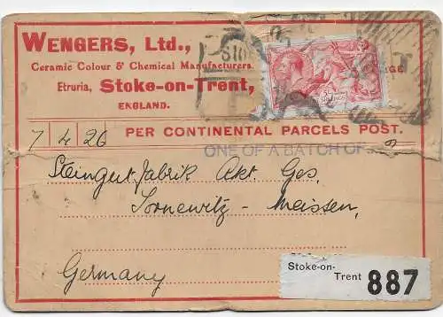 GB: Per continetal parcels Post, Stoke-on-Trent to Sosnewitz