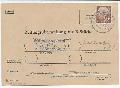 Bund: 1961 Zeitungsüberweisung für B-Stücke, Oberursel nach Bad Homburg