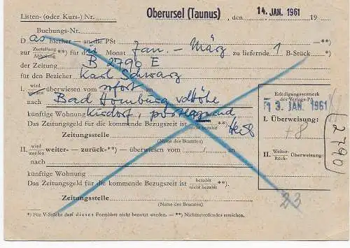 Bund: 1961 Zeitungsüberweisung für B-Stücke, Oberursel nach Bad Homburg