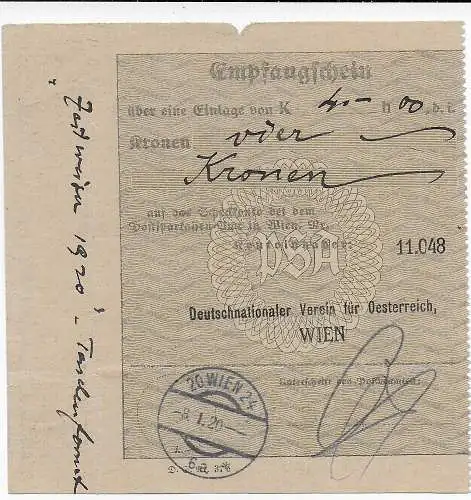 Österreich 1920: Empfangsschein PSA, Deutschnationaler Verein, Wien