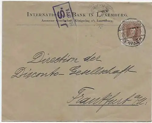 Internationale Bank Luxemburg 1919 nach Frenkafurt  -Zensur