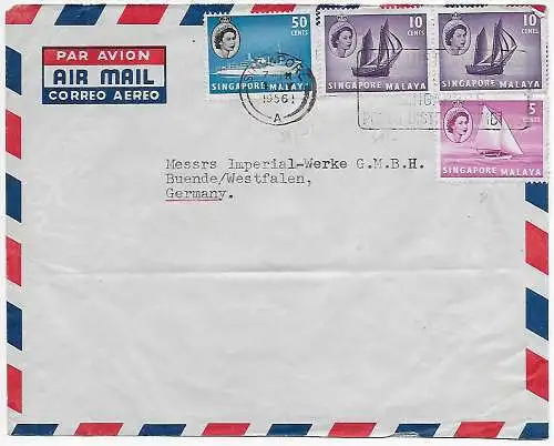 Singapore: 1956 air mail to Buende, Rückeitig Werbung Lampen