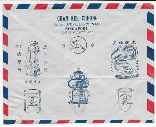 Singapore: 1956 air mail to Buende, Rückeitig Werbung Lampen