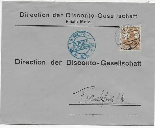 DR: Disconto-Gesellschaft Metz nach Frankfurt 1917, Zensur Metz