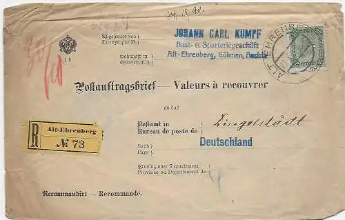 Österreich 1907: Einschreiben Alt-Ehrenberg nach Dingelstädt, Postauftrag