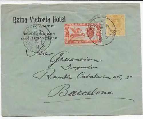 Spanien Victoria Hotel Alicante 1918 nach Barcelona, Zensurstempel rückseitig