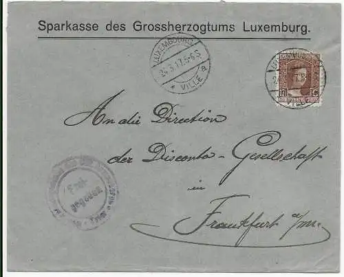 Luxemburg: Sparkasse des Grossherzogtums nach Frankfurt, Zensur 1917