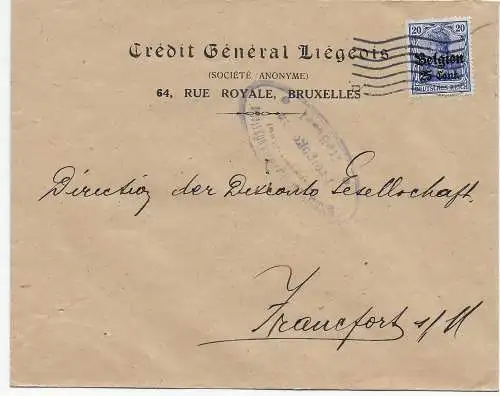 Dt. Besetzung I. WK Belgien: 1917 Bankbrief Brüssel-Frankfurt, Zensur