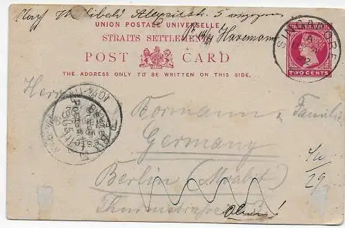 Singapore: Straits Settlements 1892, post card to Berlin