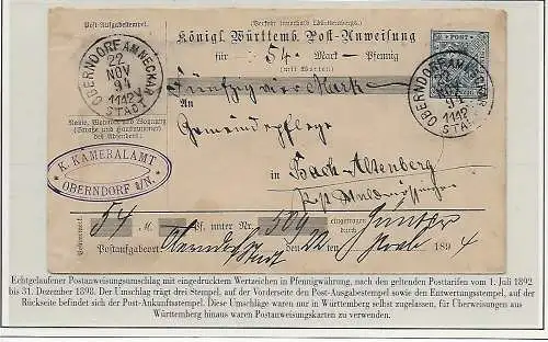 Württemberg: Post Anweisung 1894 Oberndorf a/N nach Bach-Altenberg