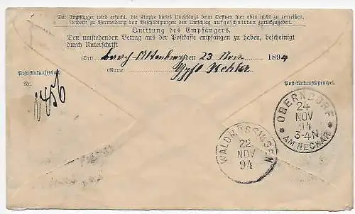 Württemberg: Post Anweisung 1894 Oberndorf a/N nach Bach-Altenberg