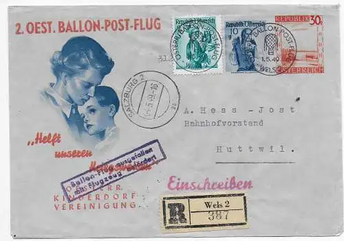 Österreich 1949: Einschreiben 2. Ballonpost Wels, Flug ausgefallen, Kinderdof