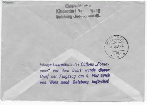 Österreich 1949: Einschreiben 2. Ballonpost Wels, Flug ausgefallen, Kinderdof