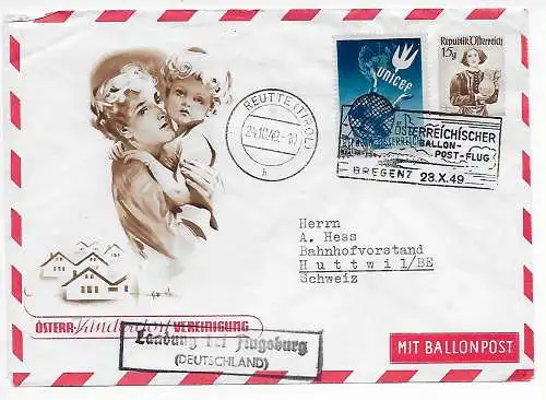 Österreich 1949 Ballonpost Reutte nach Huttwil, Landung bei Augsburg