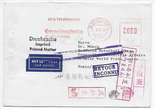 Bund 1979: Drucksache Freistempel Backnang nach Tokio, Luftpost und zurück