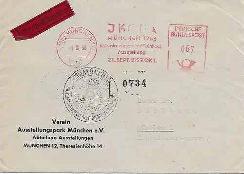 Bund 1956: IKOFA München, Freistempel, Sonderstempel Eilbote, Feinkost