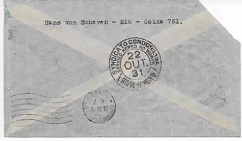 Brasilien 1931: 3. Zeppelin Rückflug via Condor Zeppelin nach Hamburg