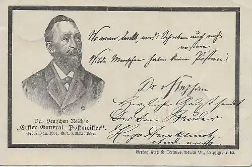 DR: Ganzsache 1898 mit rückseitig Heinrch von Stephan Erster General-Postmeister