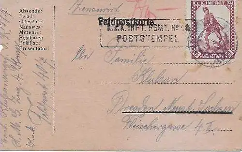 Österreich 1916: Feldpost nach Dresden: Vignette KuK Inf. Regt 74