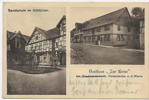 Ansichtskarte 1915: Hedemünden a.d.Werra, Gasthaus Krone, Sanatorium, Feldpost