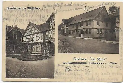 Ansichtskarte 1915: Hedemünden a.d.Werra, Gasthaus Krone,  Feldpost