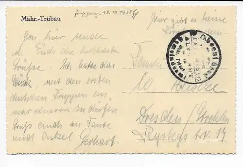 Sudetenland: AK 1938 Mährisch-Trübau nach Dresden: Text - Einmarsch