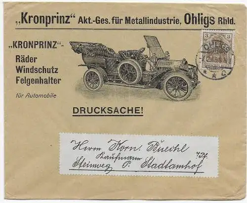 DR: Drucksache Ohligs 1913 nach Steinweg, Werbung Automobile, Räder, 