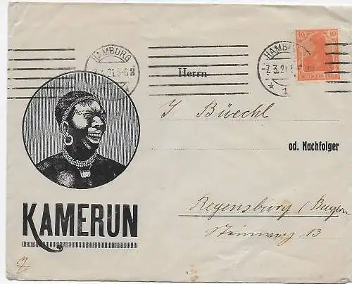 DR: Hamburg 1921 nach Regensburg, Werbung Kamerun