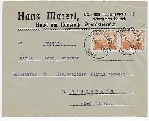 Österreich 1930 von Tischlerei Haag-Lambach - Bahnpost nach Gallspach