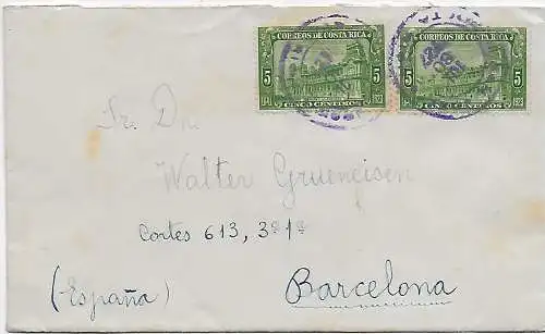 Costa Rica 1927: Brief nach Barcelona, MeF