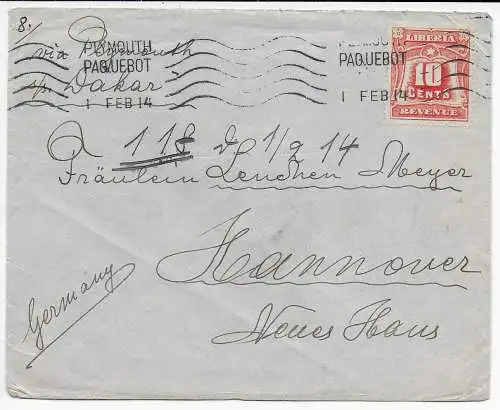 Liberia 1914: Plymouth Paquebot to Hannover - Schiffspost