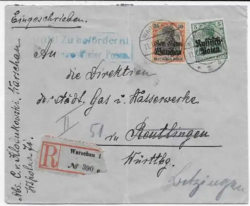 Besetzung I. WK Polen: Einschreiben Warschau nach Reutlingen, 1917, Zensur