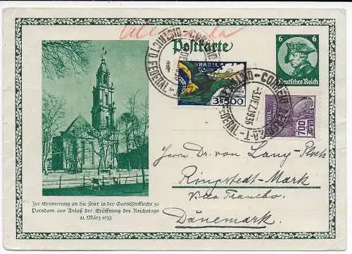 Brasilien: Deutsche Ganzsache 1936 von -Atlantischer Ozean- nach Dänemark - Text