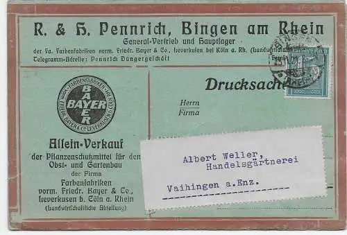 DR: Pflanzenschutzmittel 1921, Drucksache Bingen nach Vaihingen, Perfin-Lochung