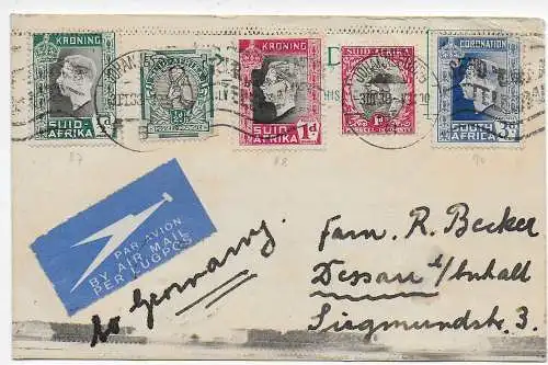 Südafrika 1938: air mail Johannesburg to Dessau